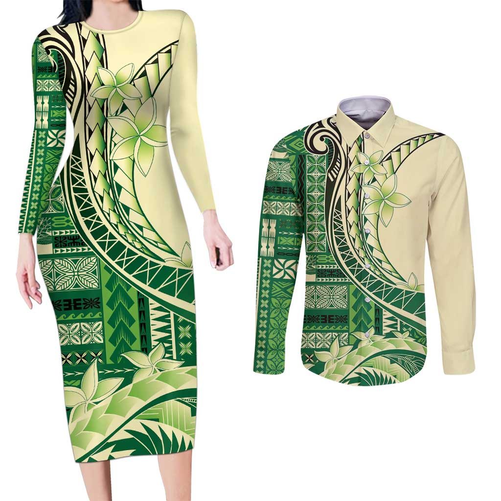 Samoa Siapo Mamanu Couples Matching Long Sleeve Bodycon Dress and Long Sleeve Button Shirt Plumeria Emerald Motifs LT7 Green - Polynesian Pride