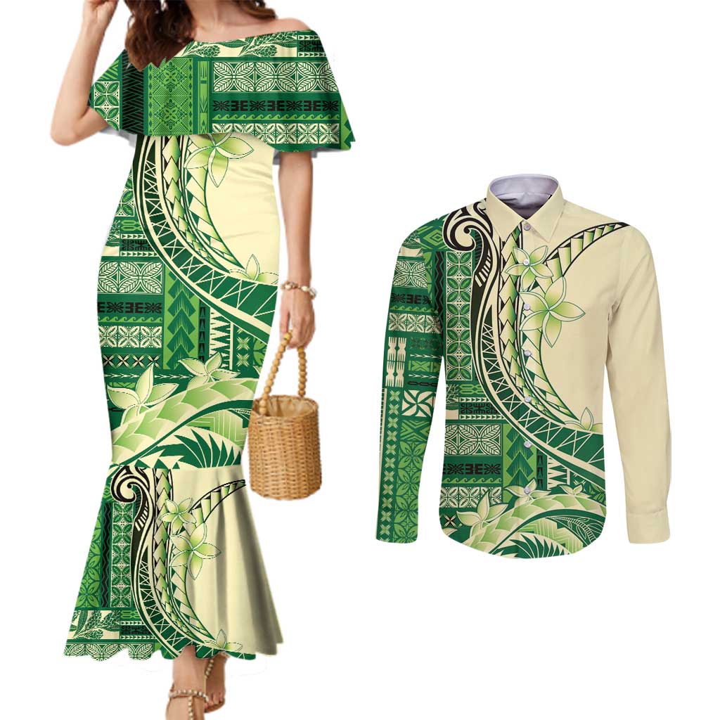 Samoa Siapo Mamanu Couples Matching Mermaid Dress and Long Sleeve Button Shirt Plumeria Emerald Motifs LT7 Green - Polynesian Pride