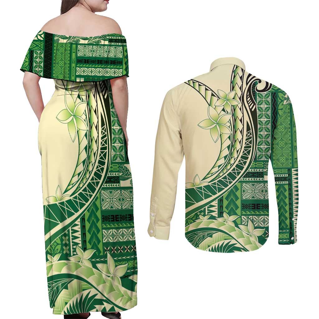 Samoa Siapo Mamanu Couples Matching Off Shoulder Maxi Dress and Long Sleeve Button Shirt Plumeria Emerald Motifs LT7 - Polynesian Pride