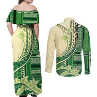 Samoa Siapo Mamanu Couples Matching Off Shoulder Maxi Dress and Long Sleeve Button Shirt Plumeria Emerald Motifs LT7 - Polynesian Pride