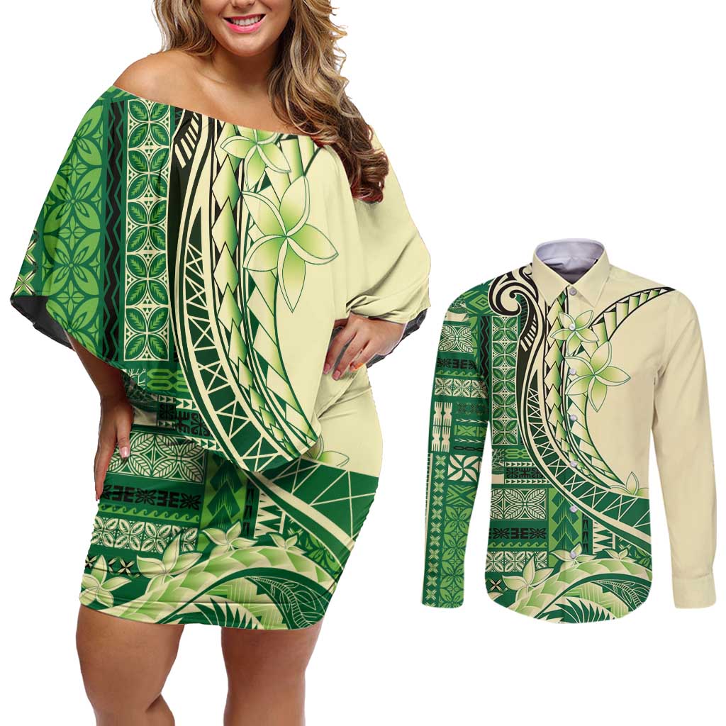 Samoa Siapo Mamanu Couples Matching Off Shoulder Short Dress and Long Sleeve Button Shirt Plumeria Emerald Motifs LT7 Green - Polynesian Pride