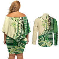 Samoa Siapo Mamanu Couples Matching Off Shoulder Short Dress and Long Sleeve Button Shirt Plumeria Emerald Motifs LT7 - Polynesian Pride