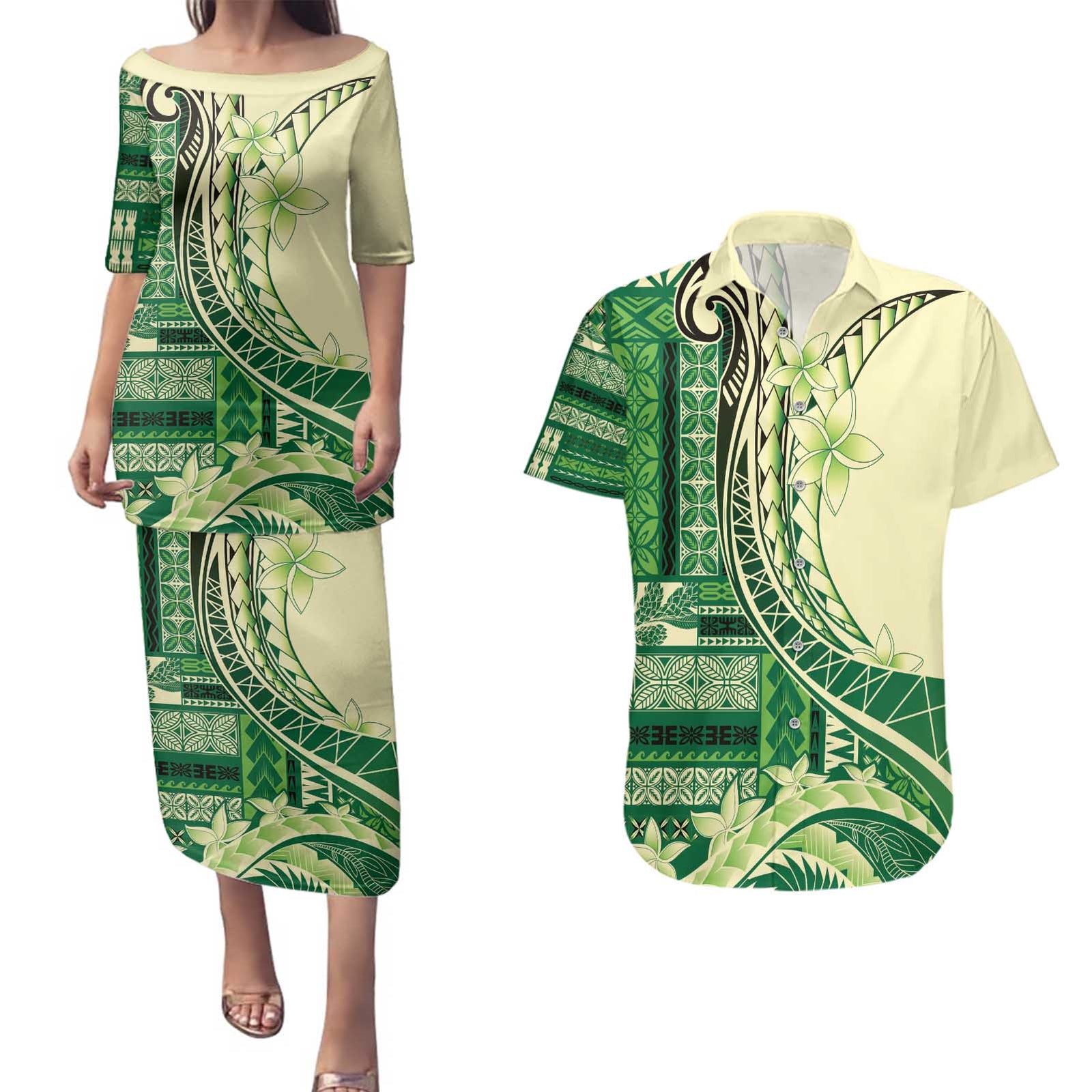 Samoa Siapo Mamanu Couples Matching Puletasi and Hawaiian Shirt Plumeria Emerald Motifs LT7 Green - Polynesian Pride