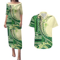 Samoa Siapo Mamanu Couples Matching Puletasi and Hawaiian Shirt Plumeria Emerald Motifs LT7 Green - Polynesian Pride