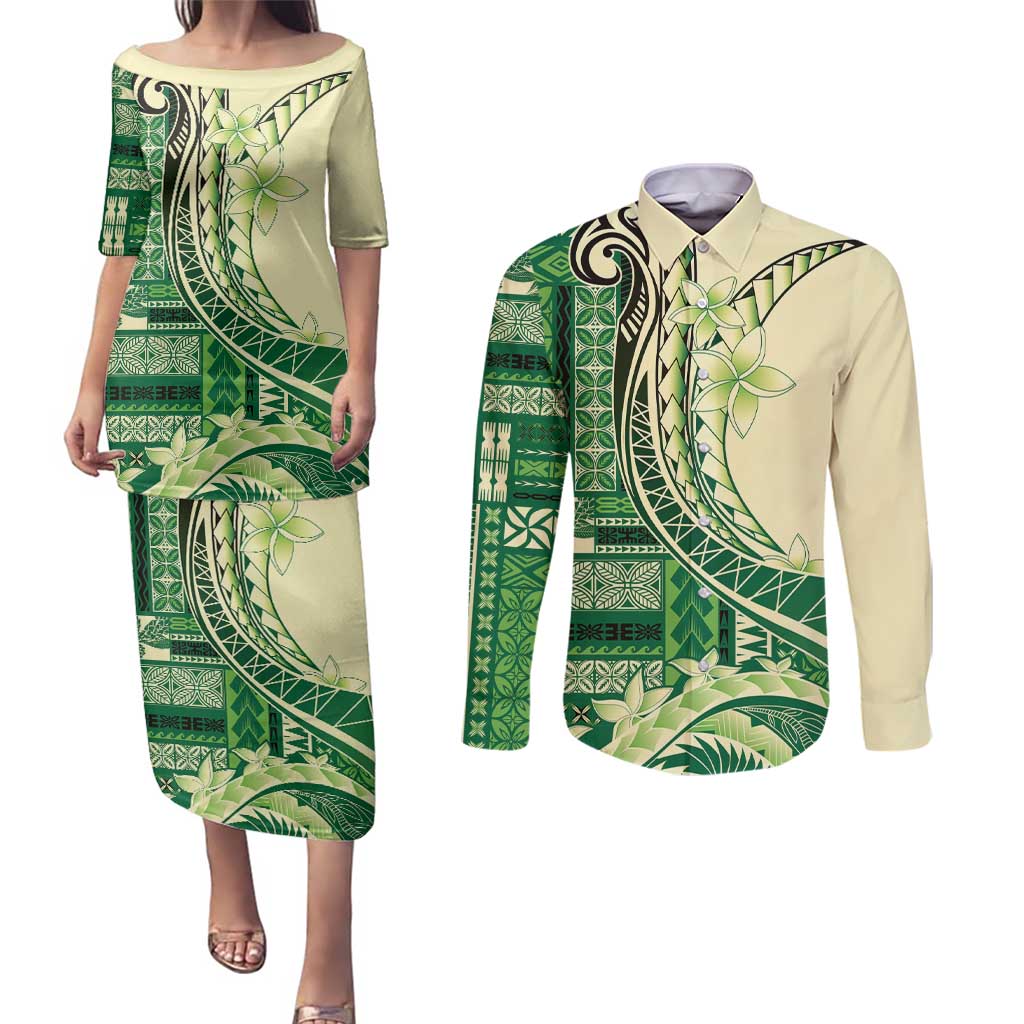 Samoa Siapo Mamanu Couples Matching Puletasi and Long Sleeve Button Shirt Plumeria Emerald Motifs LT7 Green - Polynesian Pride