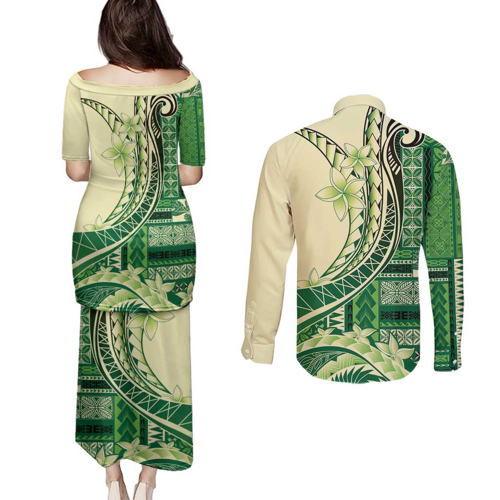 Samoa Siapo Mamanu Couples Matching Puletasi and Long Sleeve Button Shirt Plumeria Emerald Motifs LT7 - Polynesian Pride