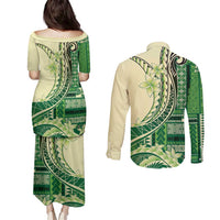 Samoa Siapo Mamanu Couples Matching Puletasi and Long Sleeve Button Shirt Plumeria Emerald Motifs LT7 - Polynesian Pride