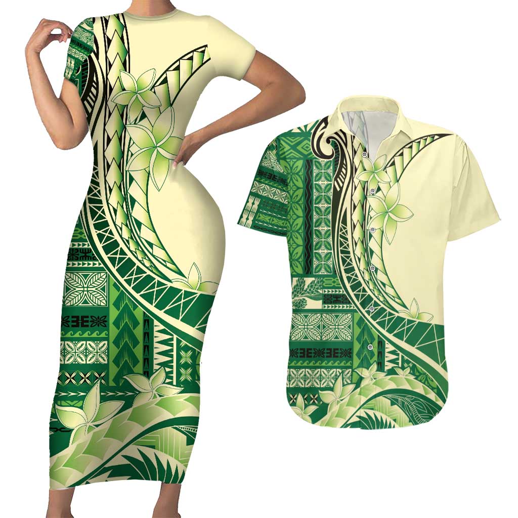 Samoa Siapo Mamanu Couples Matching Short Sleeve Bodycon Dress and Hawaiian Shirt Plumeria Emerald Motifs LT7 Green - Polynesian Pride