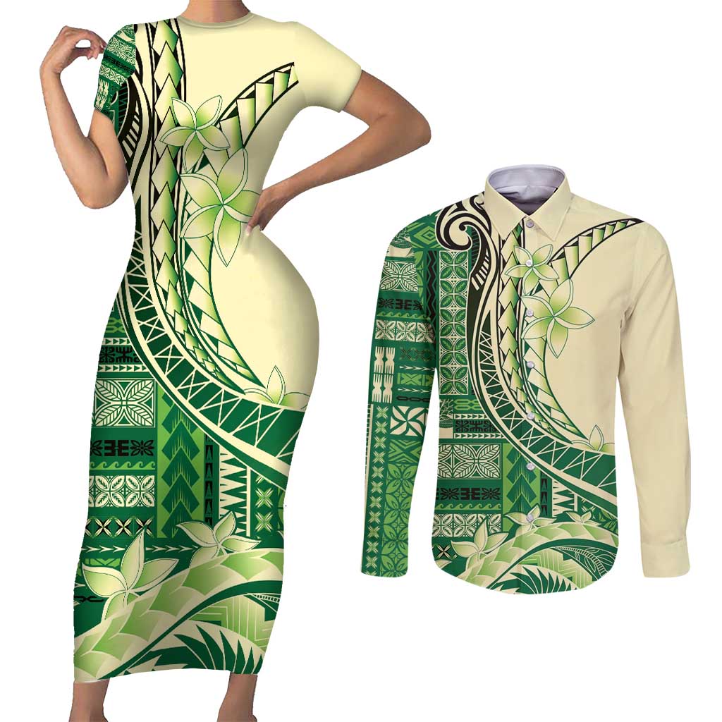 Samoa Siapo Mamanu Couples Matching Short Sleeve Bodycon Dress and Long Sleeve Button Shirt Plumeria Emerald Motifs LT7 Green - Polynesian Pride