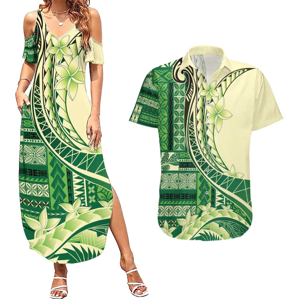 Samoa Siapo Mamanu Couples Matching Summer Maxi Dress and Hawaiian Shirt Plumeria Emerald Motifs LT7 Green - Polynesian Pride