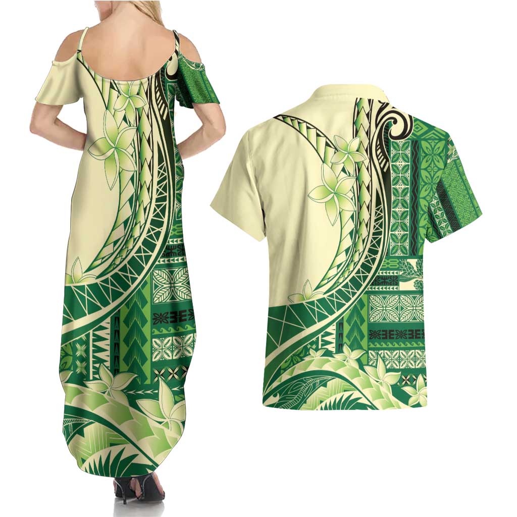 Samoa Siapo Mamanu Couples Matching Summer Maxi Dress and Hawaiian Shirt Plumeria Emerald Motifs LT7 - Polynesian Pride