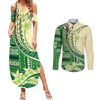 Samoa Siapo Mamanu Couples Matching Summer Maxi Dress and Long Sleeve Button Shirt Plumeria Emerald Motifs LT7 Green - Polynesian Pride