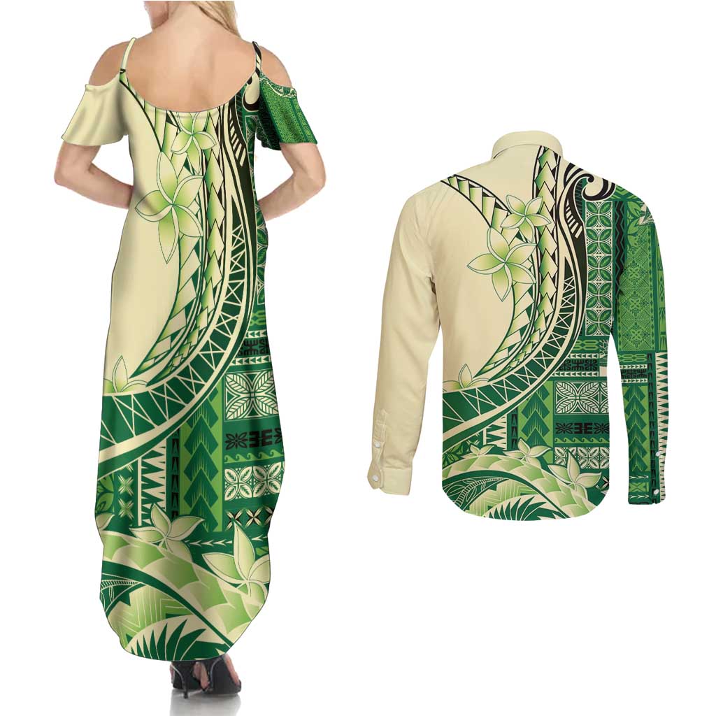 Samoa Siapo Mamanu Couples Matching Summer Maxi Dress and Long Sleeve Button Shirt Plumeria Emerald Motifs LT7 - Polynesian Pride
