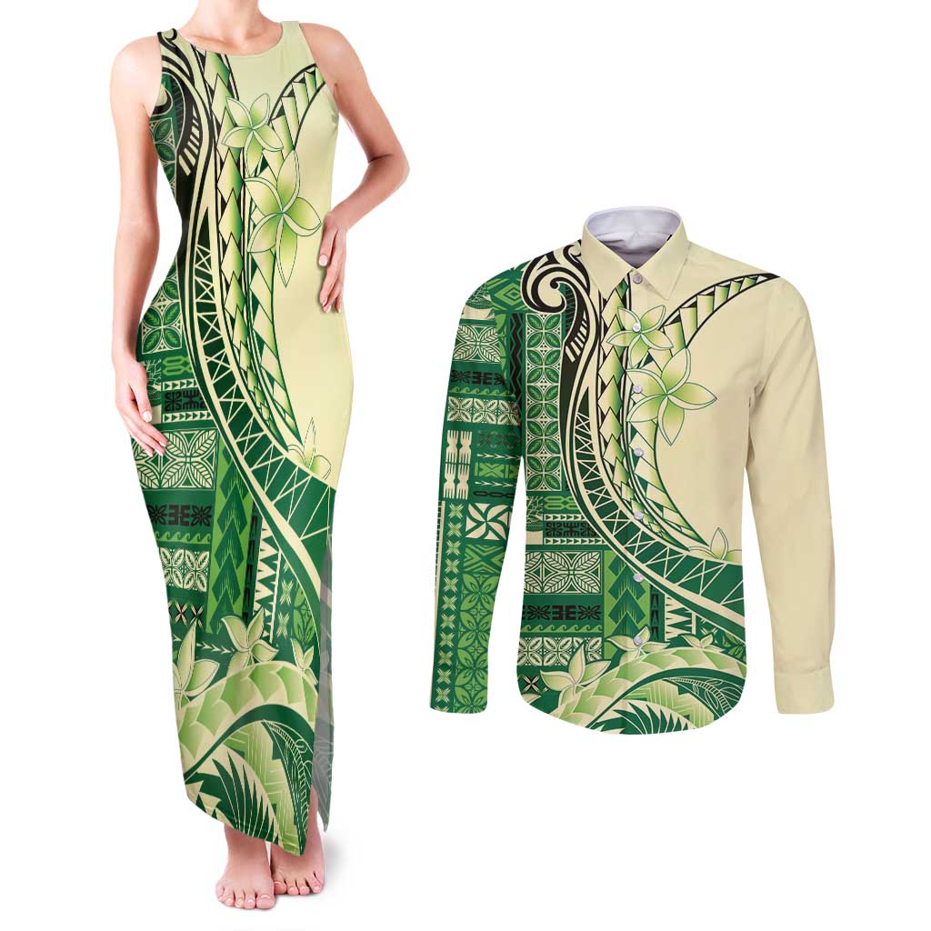 Samoa Siapo Mamanu Couples Matching Tank Maxi Dress and Long Sleeve Button Shirt Plumeria Emerald Motifs LT7 Green - Polynesian Pride
