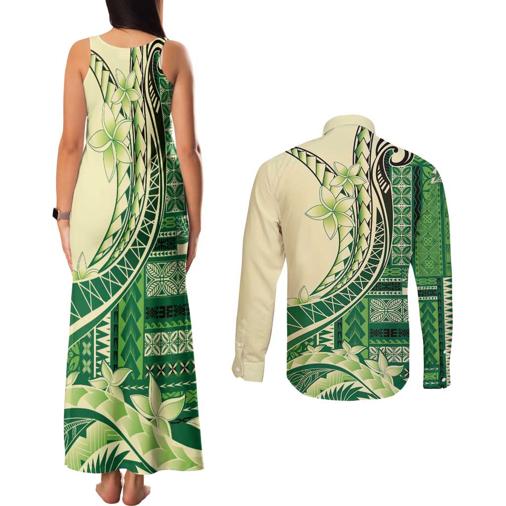 Samoa Siapo Mamanu Couples Matching Tank Maxi Dress and Long Sleeve Button Shirt Plumeria Emerald Motifs