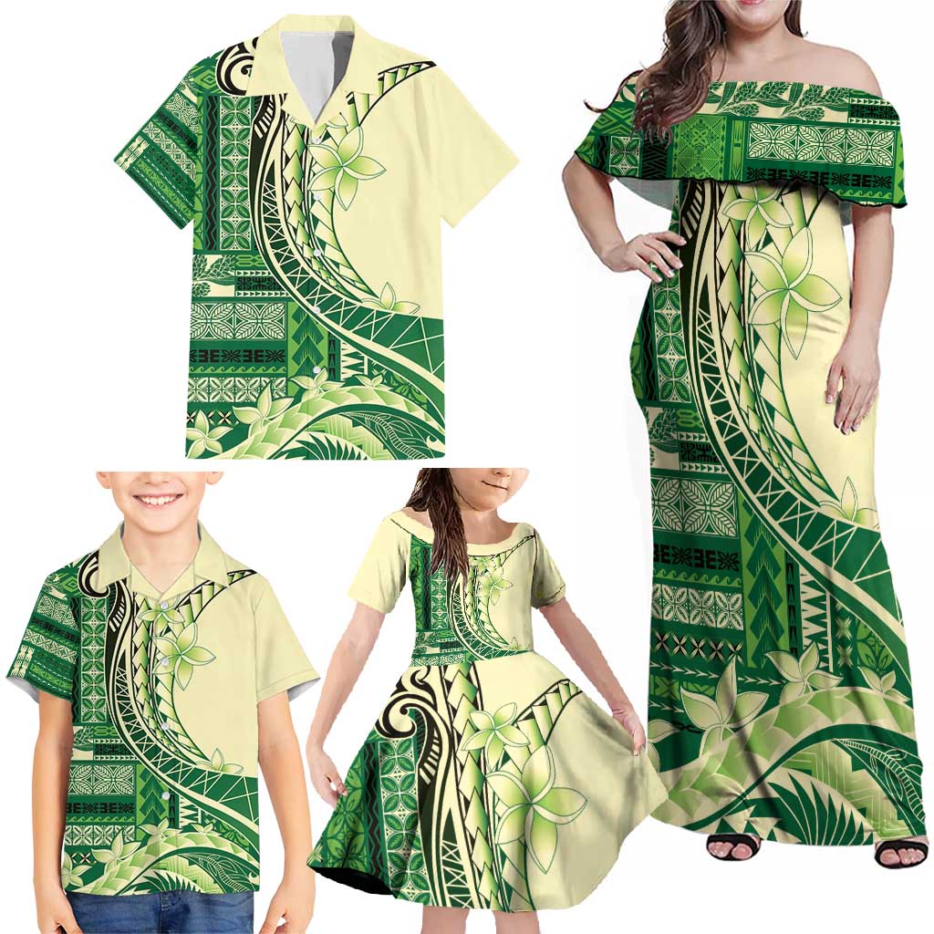 Samoa Siapo Mamanu Family Matching Off Shoulder Maxi Dress and Hawaiian Shirt Plumeria Emerald Motifs