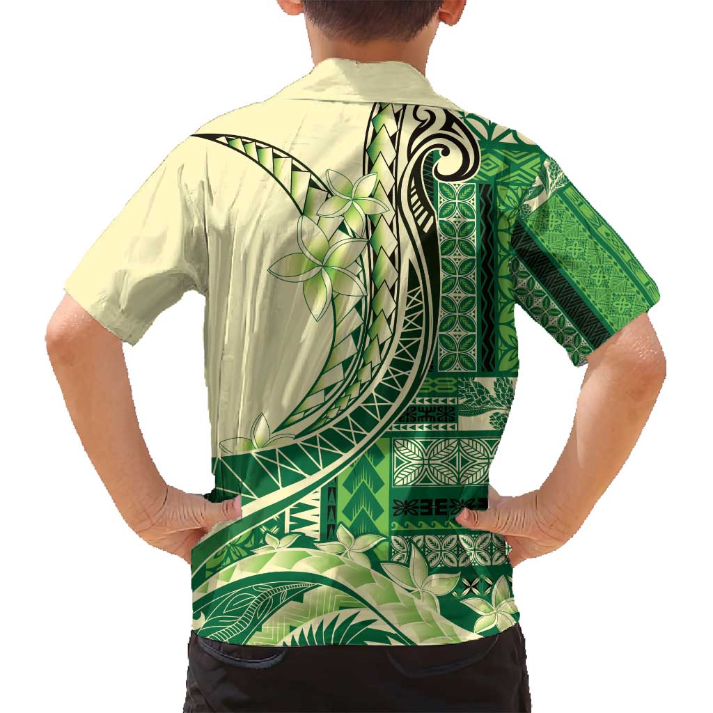 Samoa Siapo Mamanu Family Matching Off Shoulder Short Dress and Hawaiian Shirt Plumeria Emerald Motifs