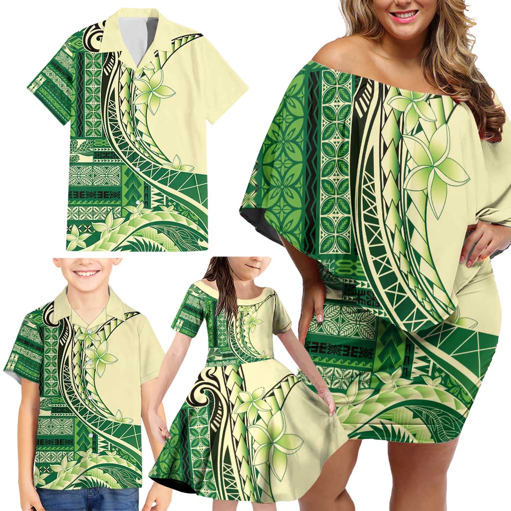 Samoa Siapo Mamanu Family Matching Off Shoulder Short Dress and Hawaiian Shirt Plumeria Emerald Motifs