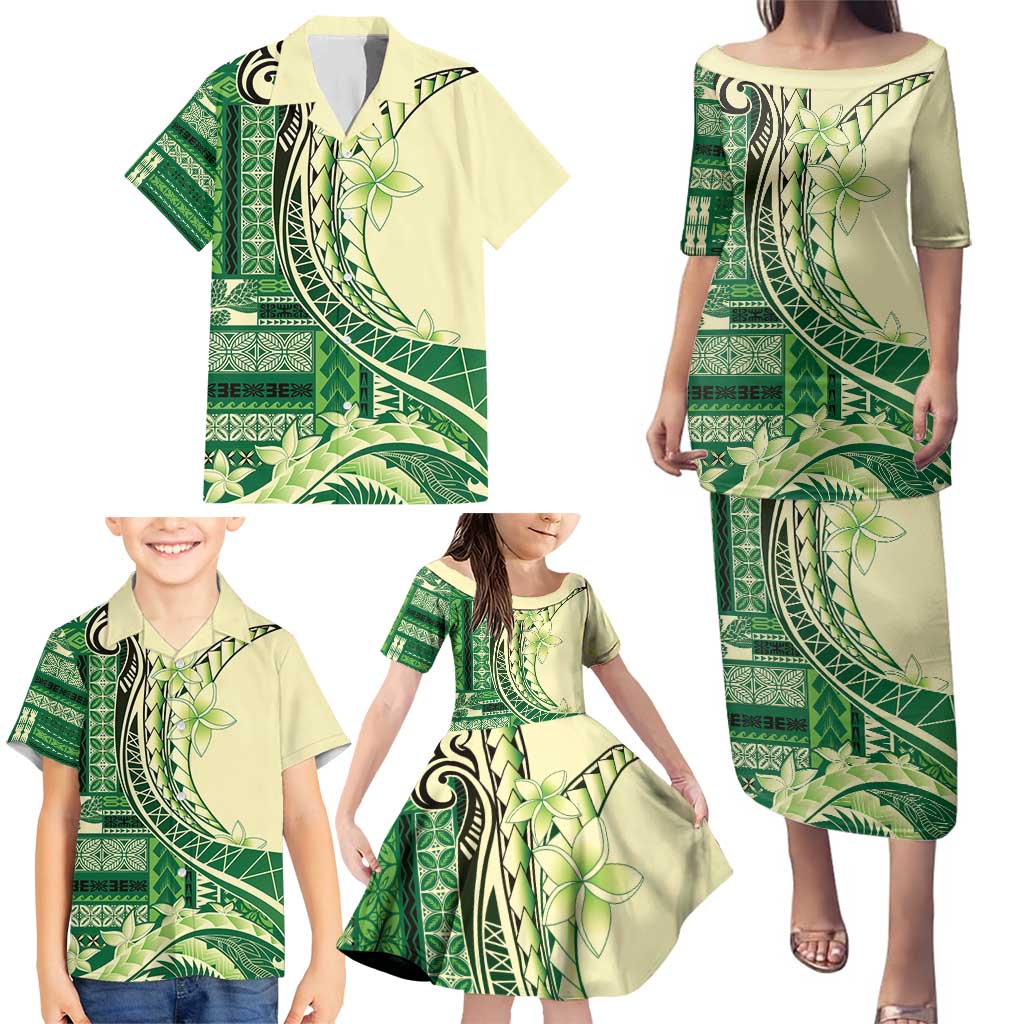 Samoa Siapo Mamanu Family Matching Puletasi and Hawaiian Shirt Plumeria Emerald Motifs