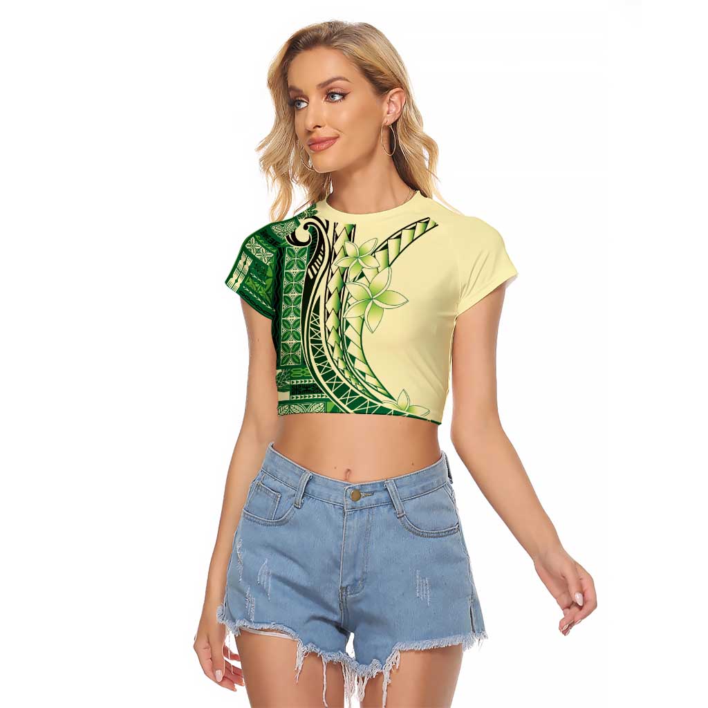Samoa Siapo Mamanu Raglan Cropped T Shirt Plumeria Emerald Motifs LT7 Female Green - Polynesian Pride