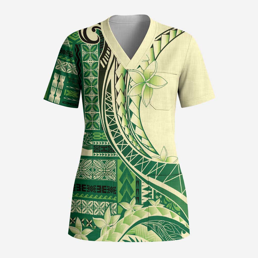 Samoa Siapo Mamanu Scrub Top Plumeria Emerald Motifs - Polynesian Pride
