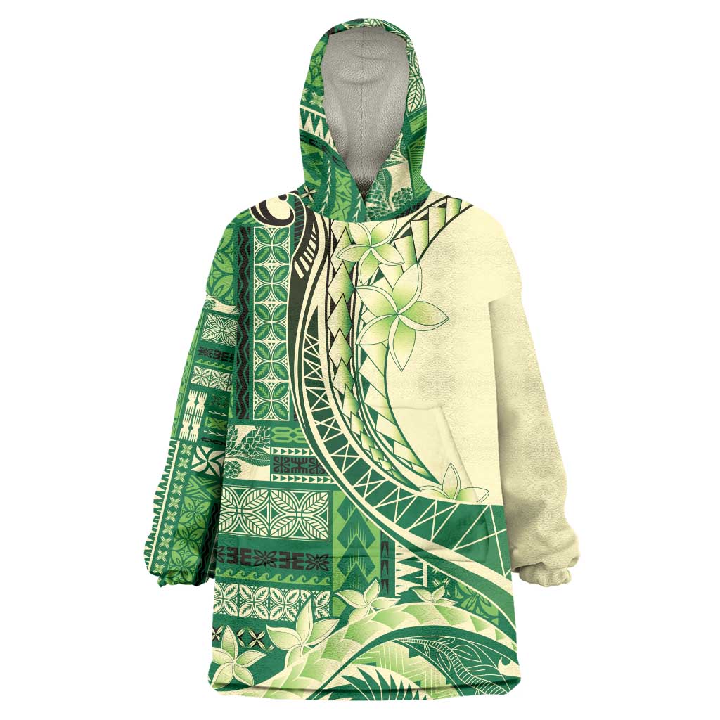 Samoa Siapo Mamanu Wearable Blanket Hoodie Plumeria Emerald Motifs LT7 One Size Green - Polynesian Pride