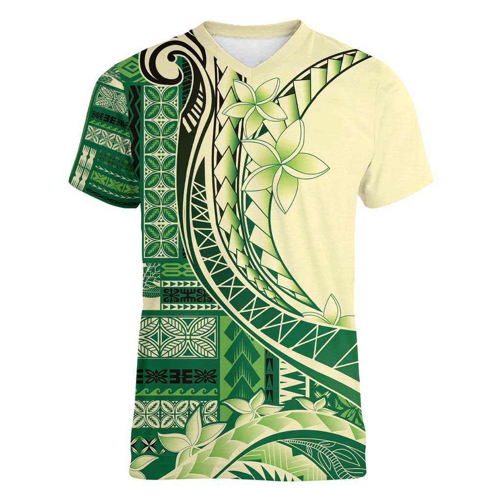 Samoa Siapo Mamanu Women V-Neck T-Shirt Plumeria Emerald Motifs LT7 Female Green - Polynesian Pride