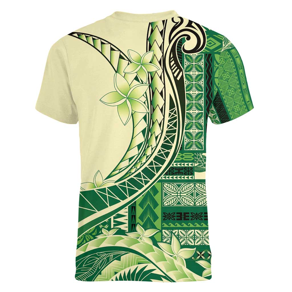 Samoa Siapo Mamanu Women V-Neck T-Shirt Plumeria Emerald Motifs LT7 - Polynesian Pride