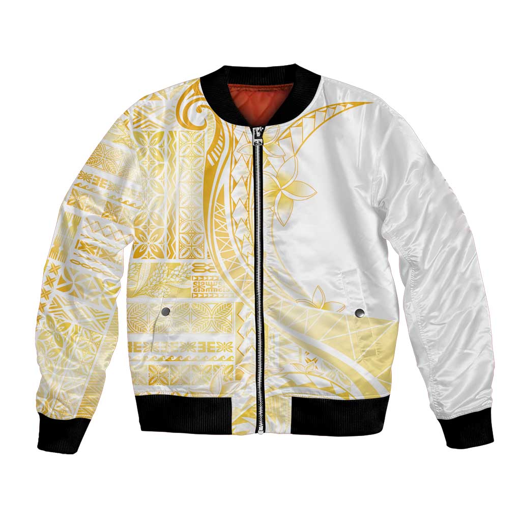 Samoa Siapo Mamanu Bomber Jacket Plumeria Fancy Gold Motifs LT7 Unisex Gold - Polynesian Pride