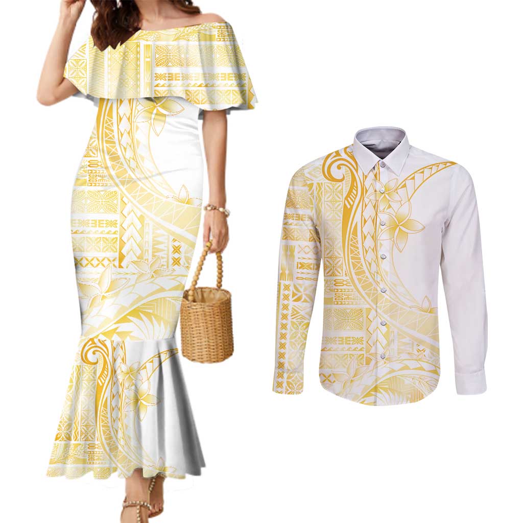 Samoa Siapo Mamanu Couples Matching Mermaid Dress and Long Sleeve Button Shirt Plumeria Fancy Gold Motifs LT7 Gold - Polynesian Pride