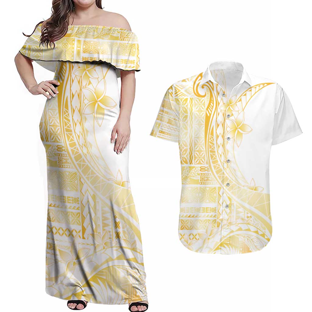 Samoa Siapo Mamanu Couples Matching Off Shoulder Maxi Dress and Hawaiian Shirt Plumeria Fancy Gold Motifs