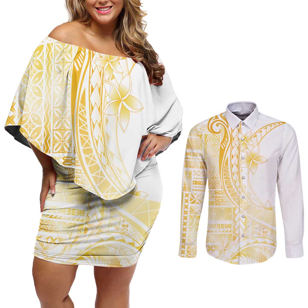 Samoa Siapo Mamanu Couples Matching Off Shoulder Short Dress and Long Sleeve Button Shirt Plumeria Fancy Gold Motifs LT7 Gold - Polynesian Pride
