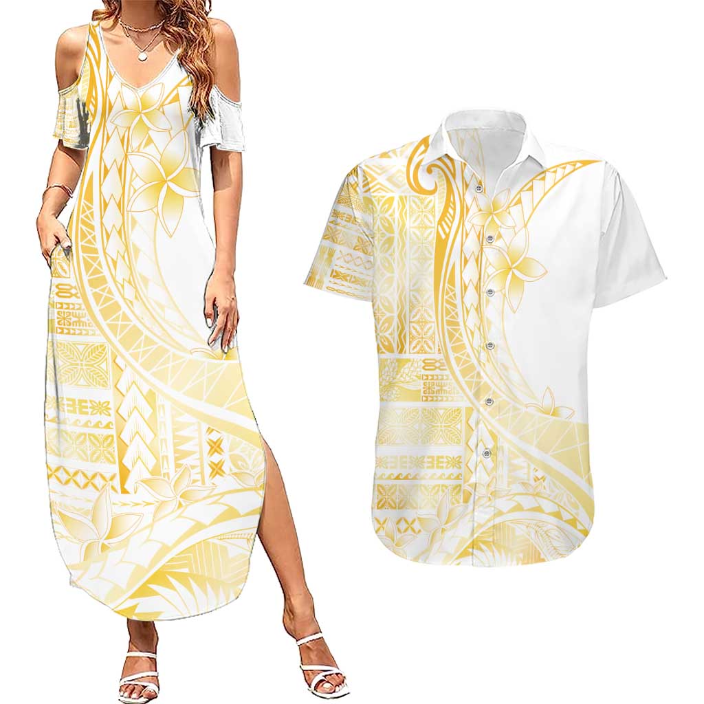 Samoa Siapo Mamanu Couples Matching Summer Maxi Dress and Hawaiian Shirt Plumeria Fancy Gold Motifs LT7 Gold - Polynesian Pride