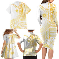Samoa Siapo Mamanu Family Matching Long Sleeve Bodycon Dress and Hawaiian Shirt Plumeria Fancy Gold Motifs