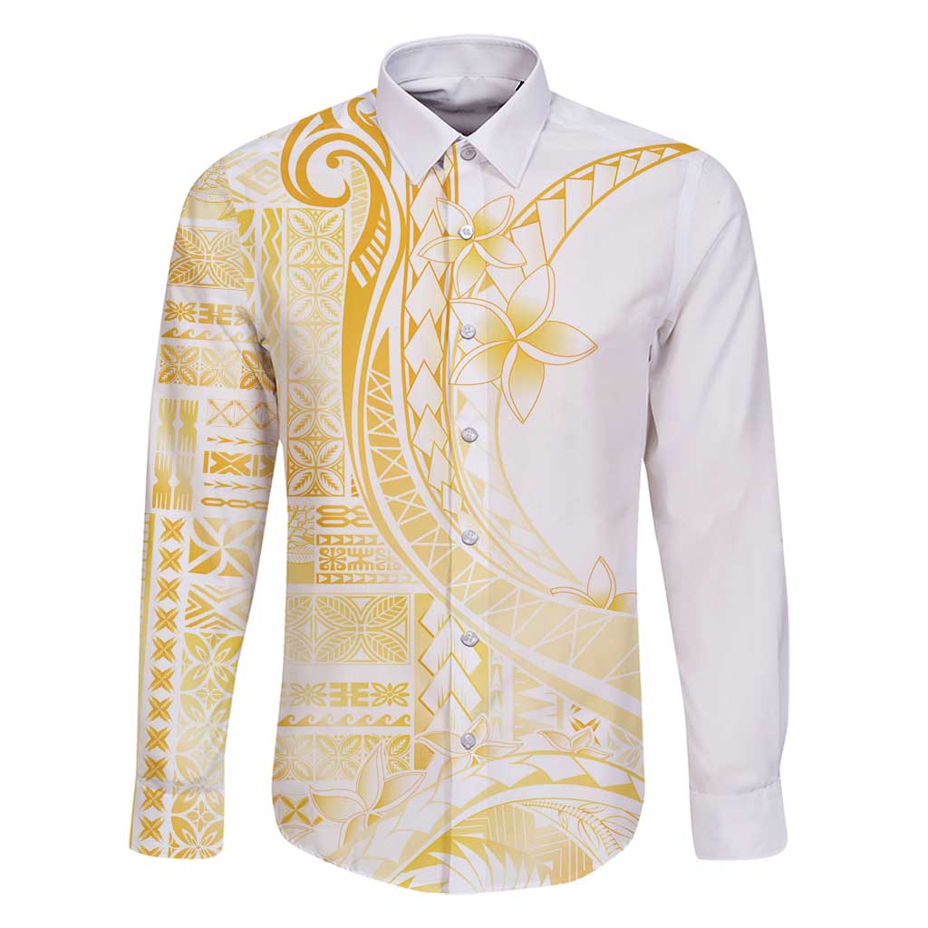 Samoa Siapo Mamanu Family Matching Long Sleeve Bodycon Dress and Hawaiian Shirt Plumeria Fancy Gold Motifs