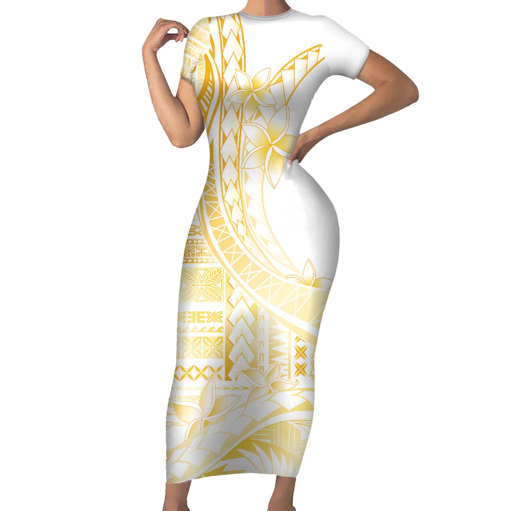 Samoa Siapo Mamanu Family Matching Short Sleeve Bodycon Dress and Hawaiian Shirt Plumeria Fancy Gold Motifs