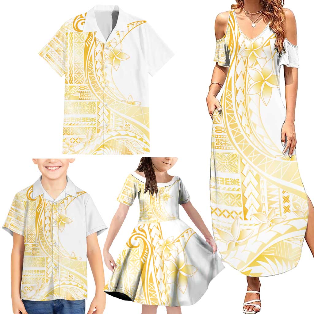 Samoa Siapo Mamanu Family Matching Summer Maxi Dress and Hawaiian Shirt Plumeria Fancy Gold Motifs