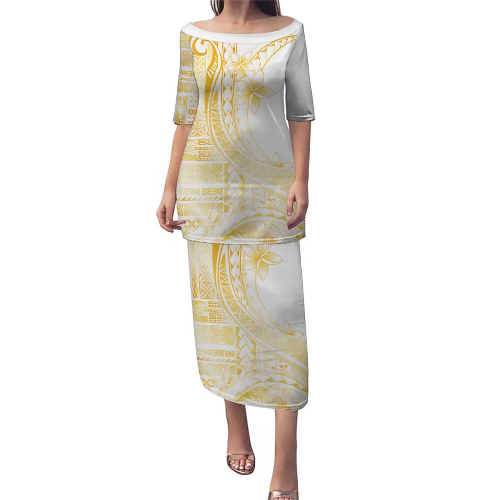 Samoa Siapo Mamanu Puletasi Plumeria Fancy Gold Motifs LT7 Long Dress Gold - Polynesian Pride