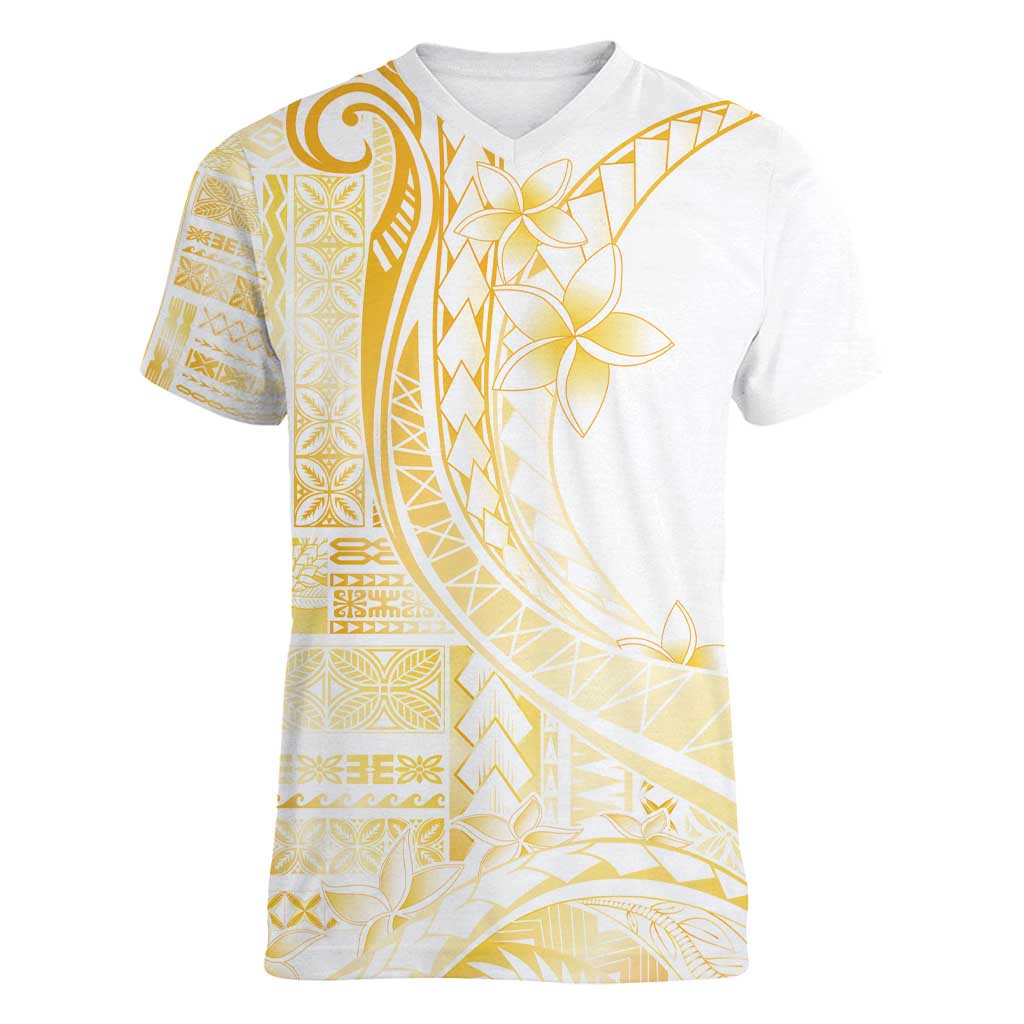Samoa Siapo Mamanu Women V-Neck T-Shirt Plumeria Fancy Gold Motifs LT7 Female Gold - Polynesian Pride