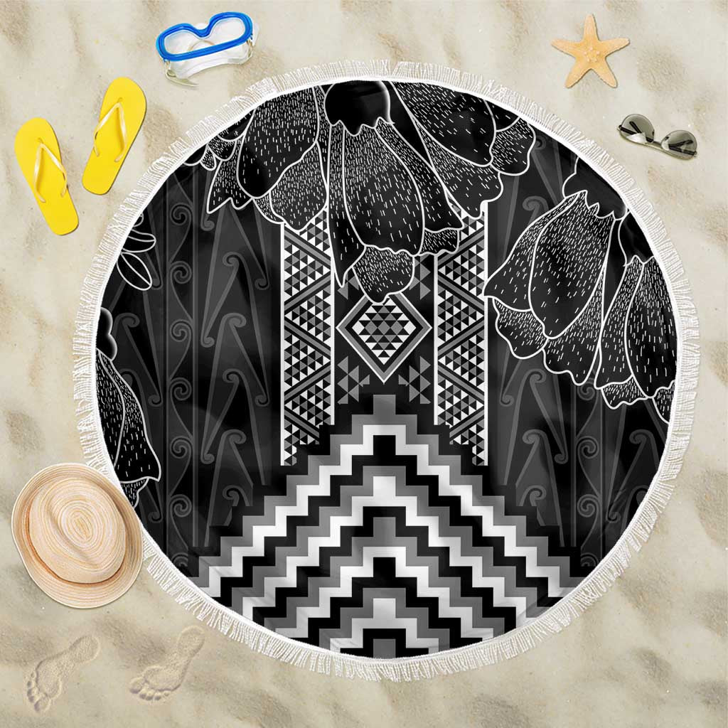 Aotearoa Taniko Pattern Beach Blanket Poutama Mix Kowhai Flowers LT7 One Size 150cm Grey - Polynesian Pride