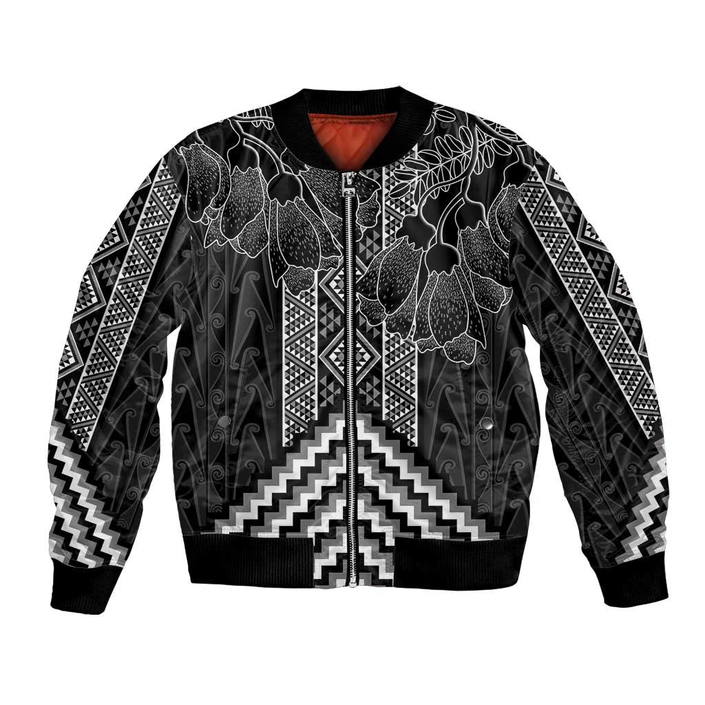Aotearoa Taniko Pattern Bomber Jacket Poutama Mix Kowhai Flowers