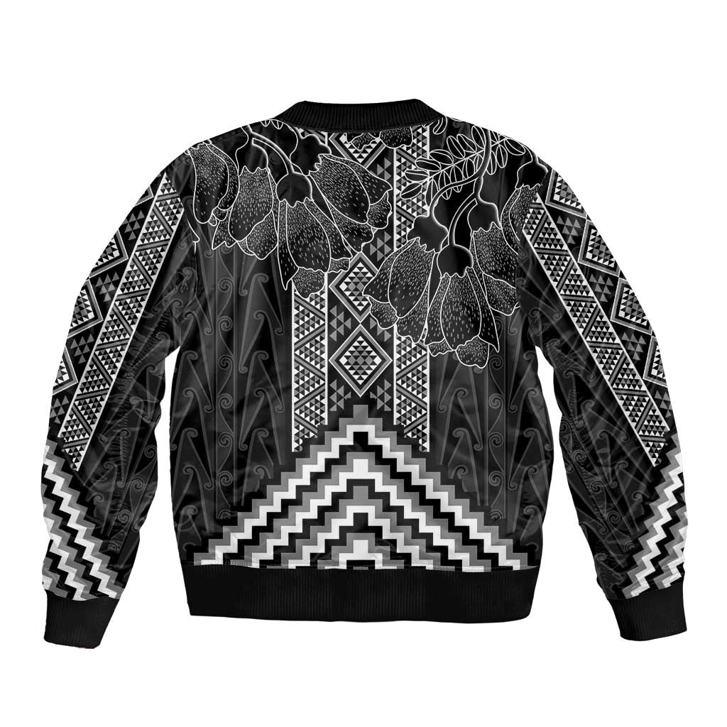 Aotearoa Taniko Pattern Bomber Jacket Poutama Mix Kowhai Flowers