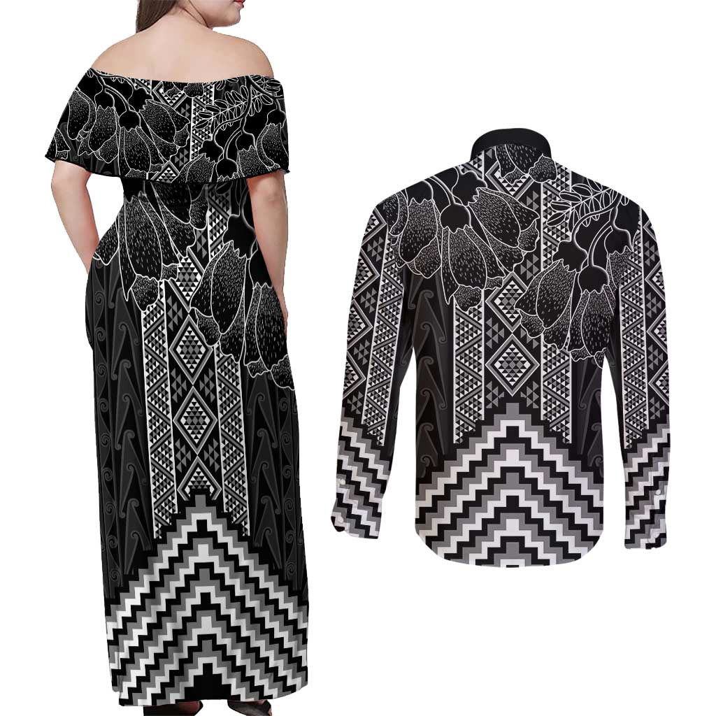 Aotearoa Taniko Pattern Couples Matching Off Shoulder Maxi Dress and Long Sleeve Button Shirt Poutama Mix Kowhai Flowers LT7 - Polynesian Pride