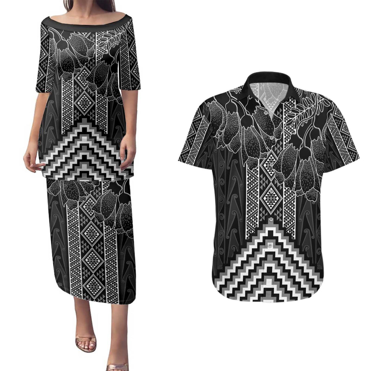 Aotearoa Taniko Pattern Couples Matching Puletasi and Hawaiian Shirt Poutama Mix Kowhai Flowers LT7 Grey - Polynesian Pride