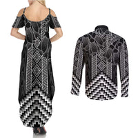 Aotearoa Taniko Pattern Couples Matching Summer Maxi Dress and Long Sleeve Button Shirt Poutama Mix Kowhai Flowers LT7 - Polynesian Pride