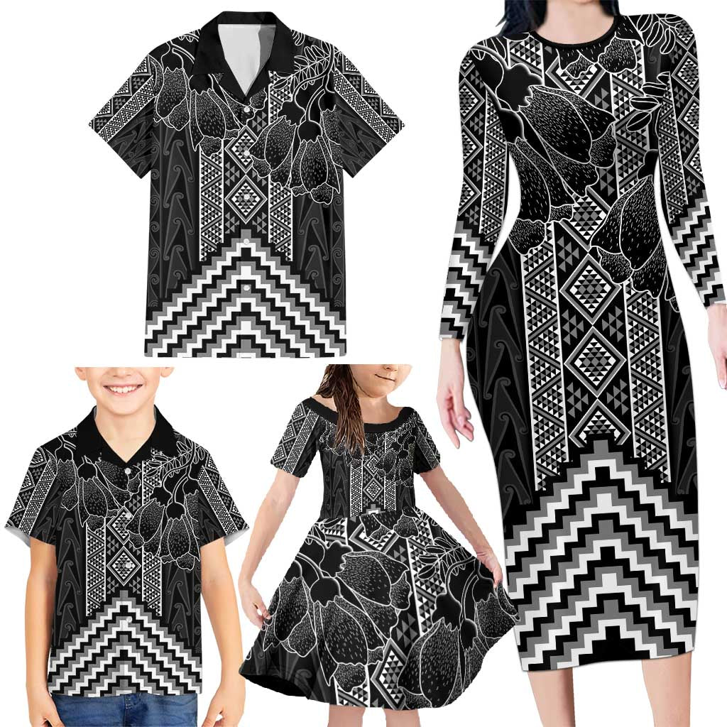 Aotearoa Taniko Pattern Family Matching Long Sleeve Bodycon Dress and Hawaiian Shirt Poutama Mix Kowhai Flowers