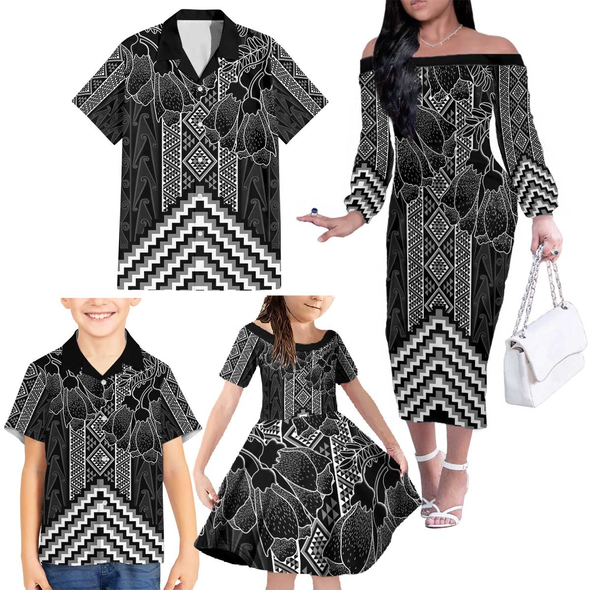 Aotearoa Taniko Pattern Family Matching Off The Shoulder Long Sleeve Dress and Hawaiian Shirt Poutama Mix Kowhai Flowers