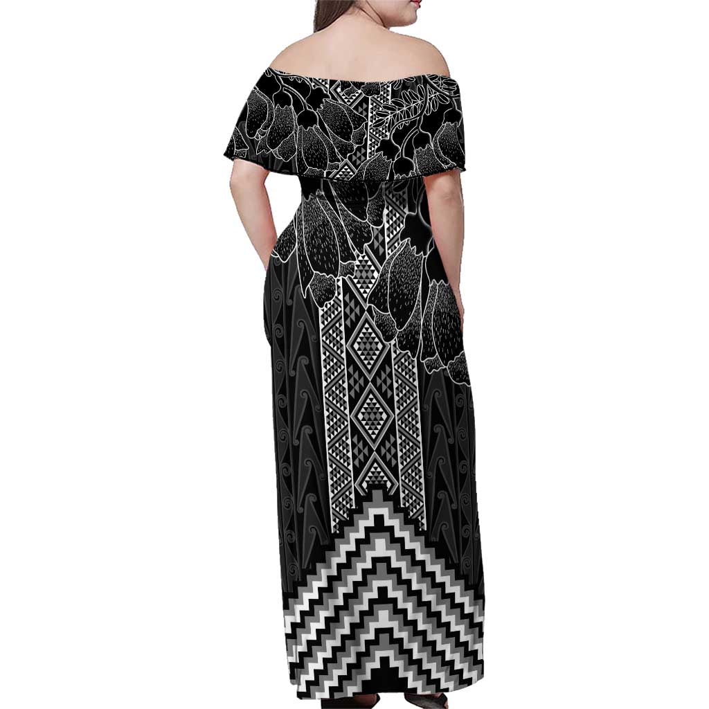 Aotearoa Taniko Pattern Family Matching Off Shoulder Maxi Dress and Hawaiian Shirt Poutama Mix Kowhai Flowers