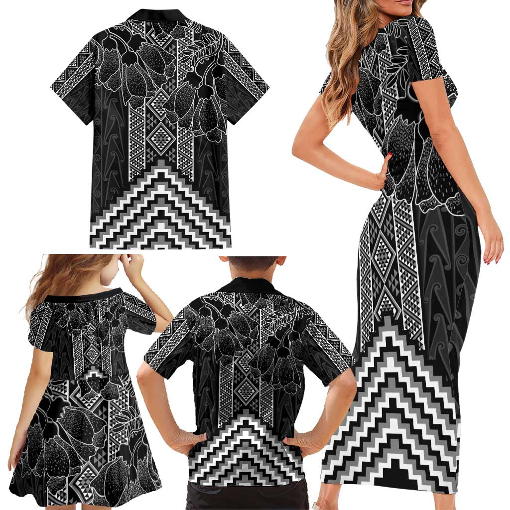 Aotearoa Taniko Pattern Family Matching Short Sleeve Bodycon Dress and Hawaiian Shirt Poutama Mix Kowhai Flowers