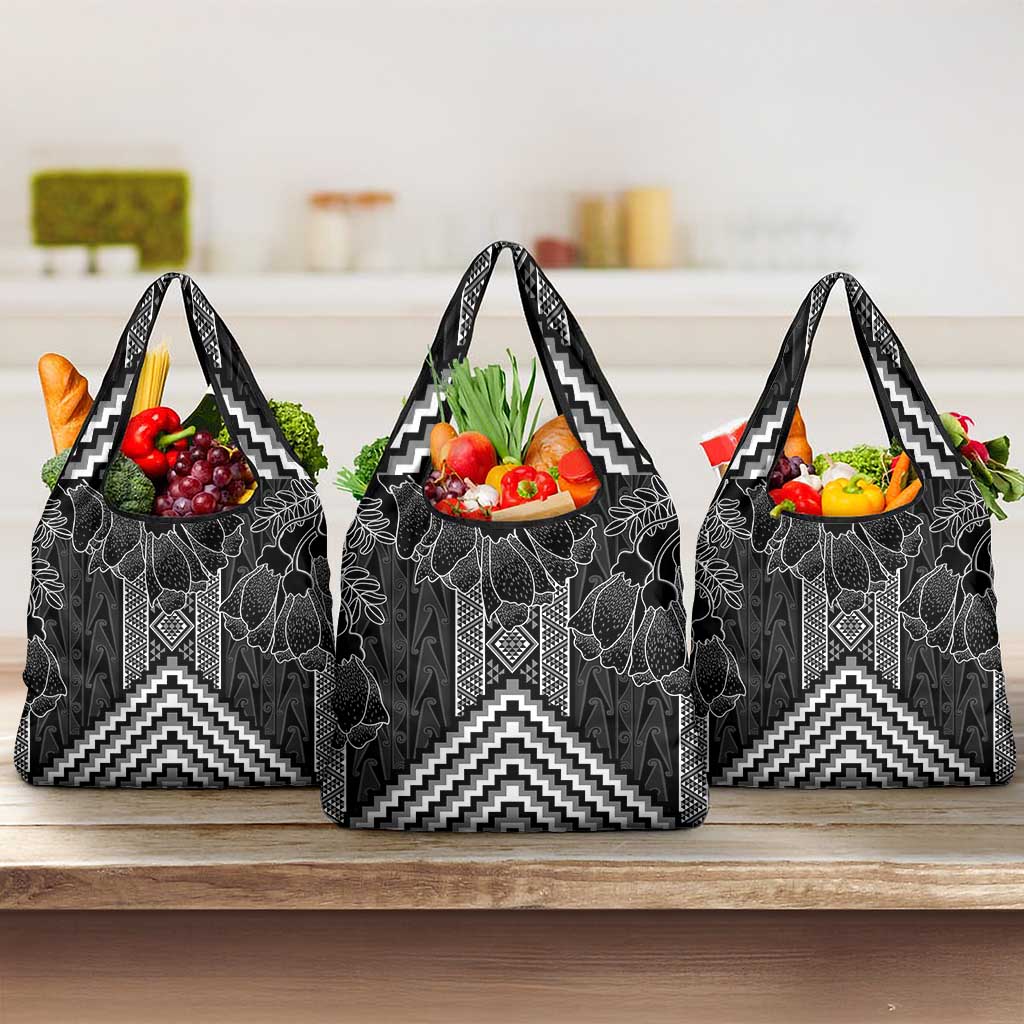 Aotearoa Taniko Pattern Grocery Bag Poutama Mix Kowhai Flowers LT7 3-pack One Size Grey - Polynesian Pride
